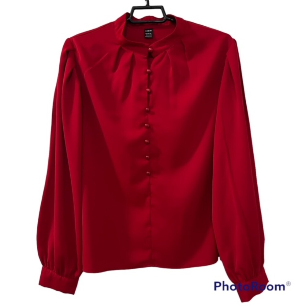 SHEIN Women Red Satin Blouse Mock Neck Button Front Bishop Sleeve L 8/10